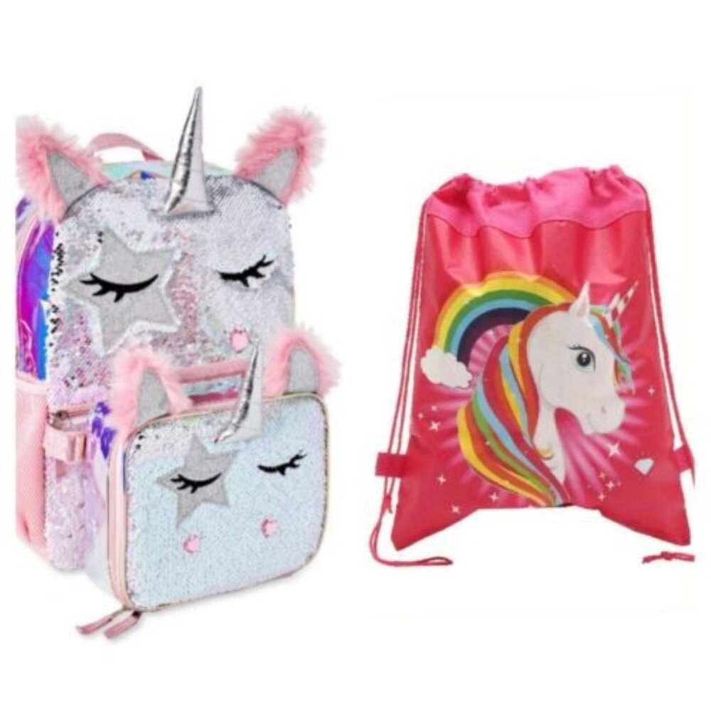 3 in 1 Pink Sequined Unicorn Backpack with Lunch Cooler Bag and Draw String